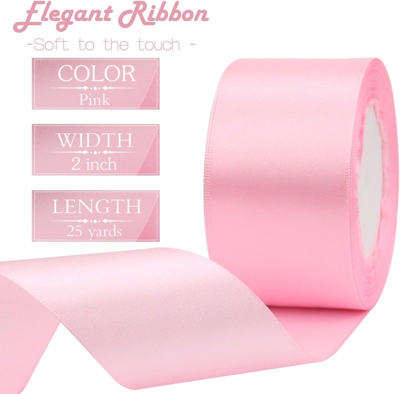 Riunbb Pink Solid Satin Ribbon 2 Inch 25 Yards Solid Polyester Fabric Ribbon for Gift Wrapping Wedding Christmas Baby Shower Birthday Party Decoration Handmade Immortal Flower Craft - Image 3
